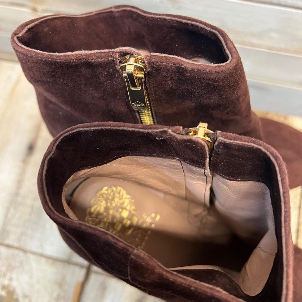 Vince Camuto Brown Suede Platform Ankle Boots Gold Zip Block Heel 6.5B - Picture 8 of 9